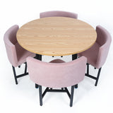 40" Round Wooden Small Dining Table Set of 4 Pink Upholstered Chairs for Nook Balcony