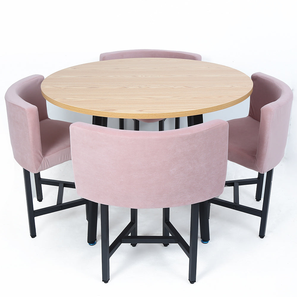 40" Round Wooden Small Dining Table Set of 4 Pink Upholstered Chairs for Nook Balcony