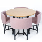40" Round Wooden Small Dining Table Set of 4 Pink Upholstered Chairs for Nook Balcony