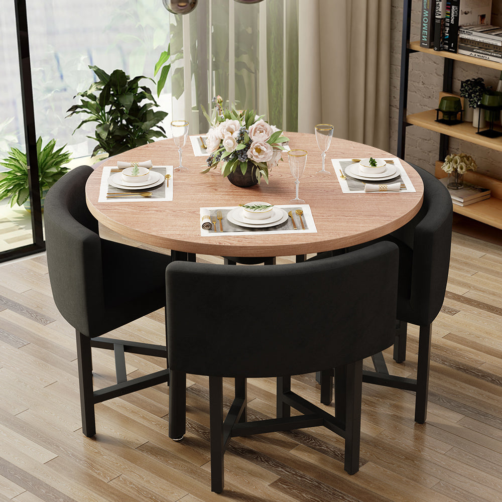 40" Round Wooden Small Nesting Dining Table Set for 4 Gray Upholstered Chairs