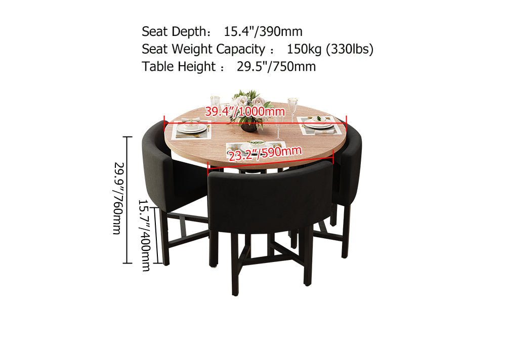 40" Round Wooden Small Nesting Dining Table Set for 4 Gray Upholstered Chairs