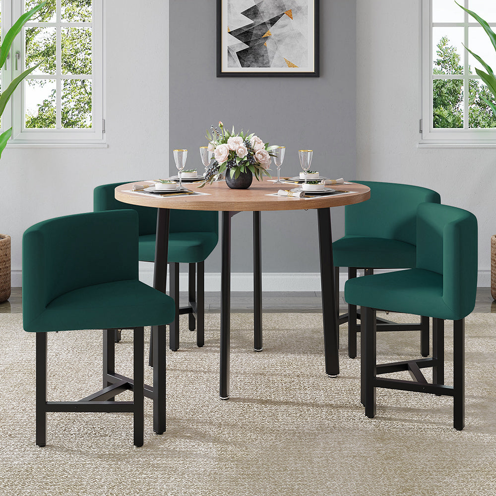 40" Round Wooden Nesting Dining Table Set for 4 Green Upholstered Chairs
