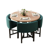 40" Round Wooden Nesting Dining Table Set for 4 Green Upholstered Chairs