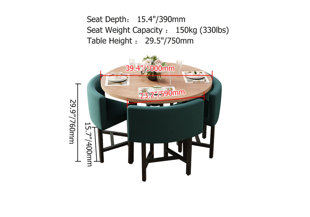 40" Round Wooden Nesting Dining Table Set for 4 Green Upholstered Chairs