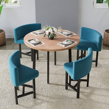 40" Round Wooden 4 Person Dining Table with Blue Upholstered Chairs Set for Nook Balcony
