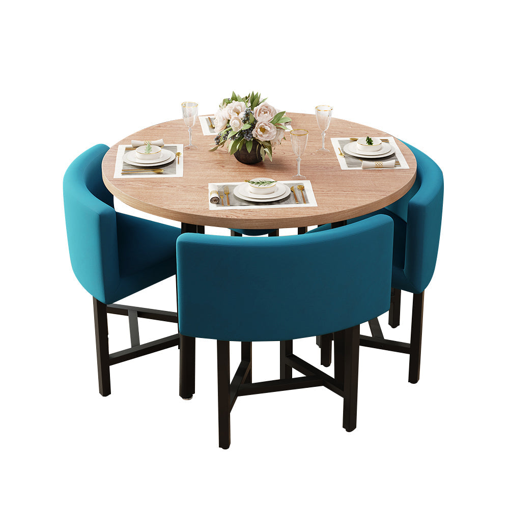 40" Round Wooden 4 Person Dining Table with Blue Upholstered Chairs Set for Nook Balcony