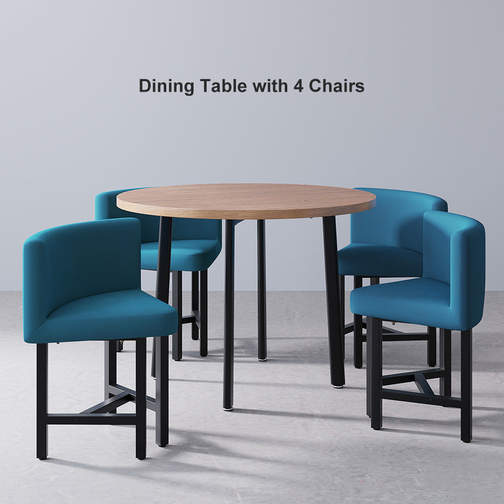 40" Round Wooden 4 Person Dining Table with Blue Upholstered Chairs Set for Nook Balcony