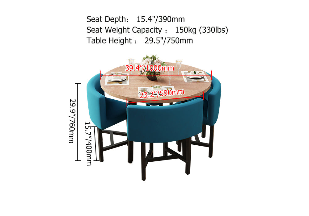 40" Round Wooden 4 Person Dining Table with Blue Upholstered Chairs Set for Nook Balcony