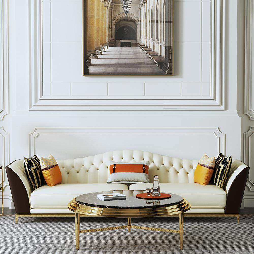 72.8" Faux Leather Upholstered Sofa White and Gray Mid-Century Couch Curved Tufted Back-Richsoul-Furniture,Living Room Furniture,Sofas & Loveseats