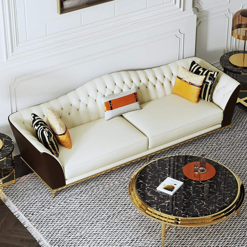 72.8" Faux Leather Upholstered Sofa White and Gray Mid-Century Couch Curved Tufted Back-Richsoul-Furniture,Living Room Furniture,Sofas & Loveseats