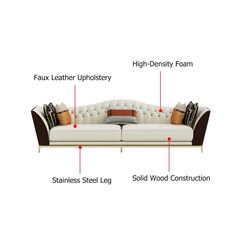 72.8" Faux Leather Upholstered Sofa White and Gray Mid-Century Couch Curved Tufted Back-Richsoul-Furniture,Living Room Furniture,Sofas & Loveseats