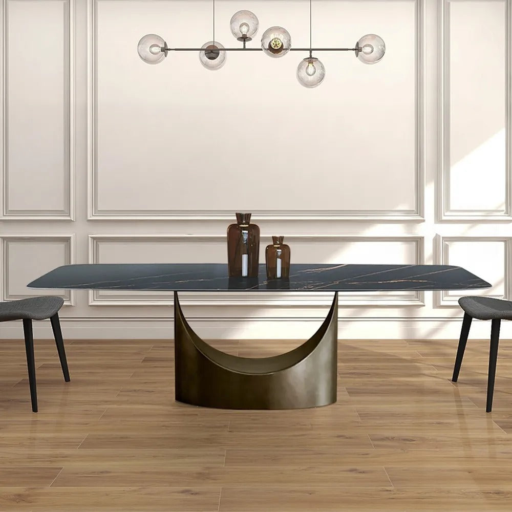 Modern Dining Table Villa Home Stone Tabletop Antique Brass Pedestal 71" for 8 Person