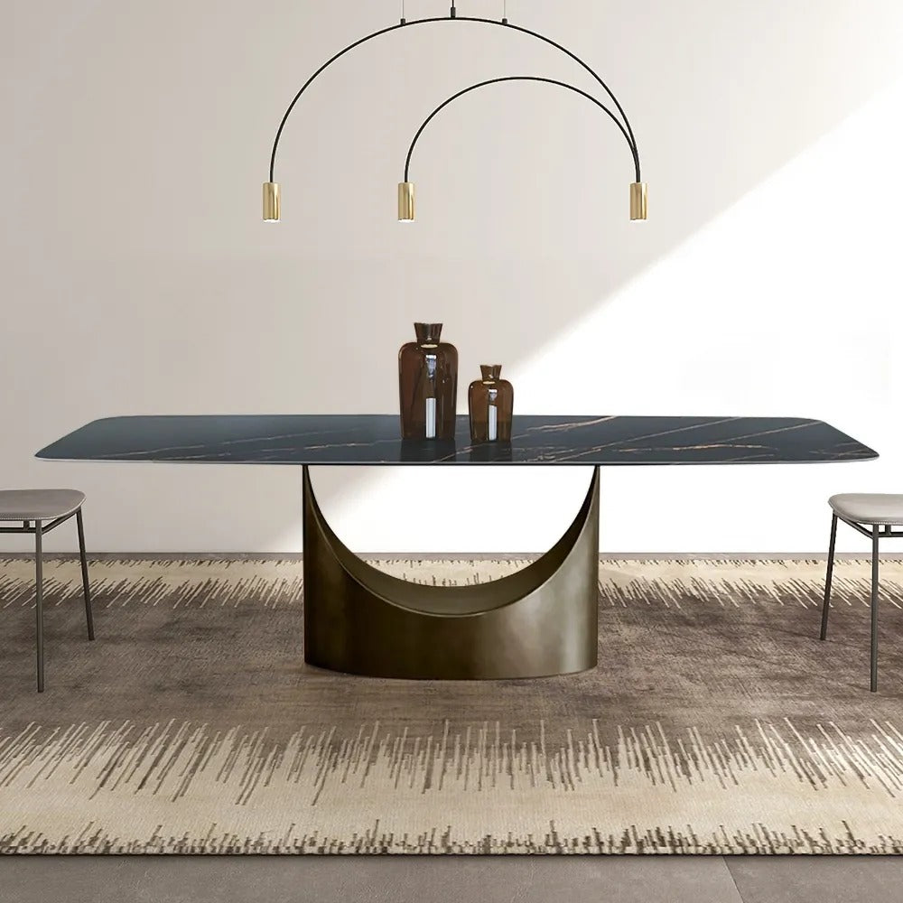 Modern Dining Table Villa Home Stone Tabletop Antique Brass Pedestal 71" for 8 Person
