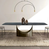 Modern Dining Table Villa Home Stone Tabletop Antique Brass Pedestal 71" for 8 Person