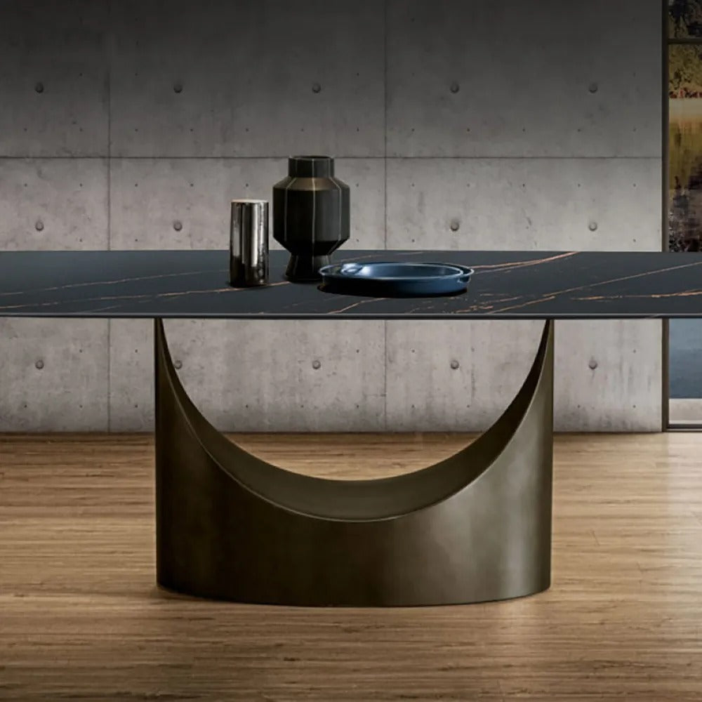 Modern Dining Table Villa Home Stone Tabletop Antique Brass Pedestal 71" for 8 Person