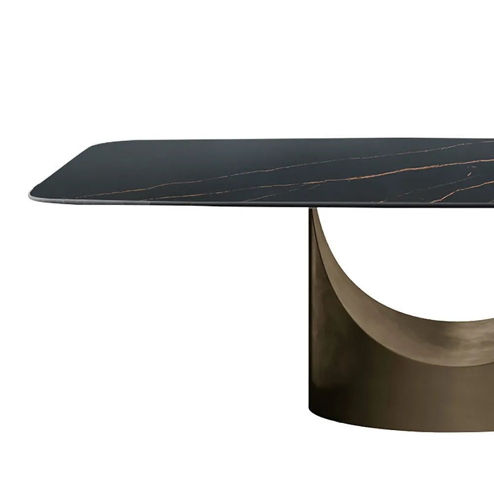 Modern Dining Table Villa Home Stone Tabletop Antique Brass Pedestal 71" for 8 Person