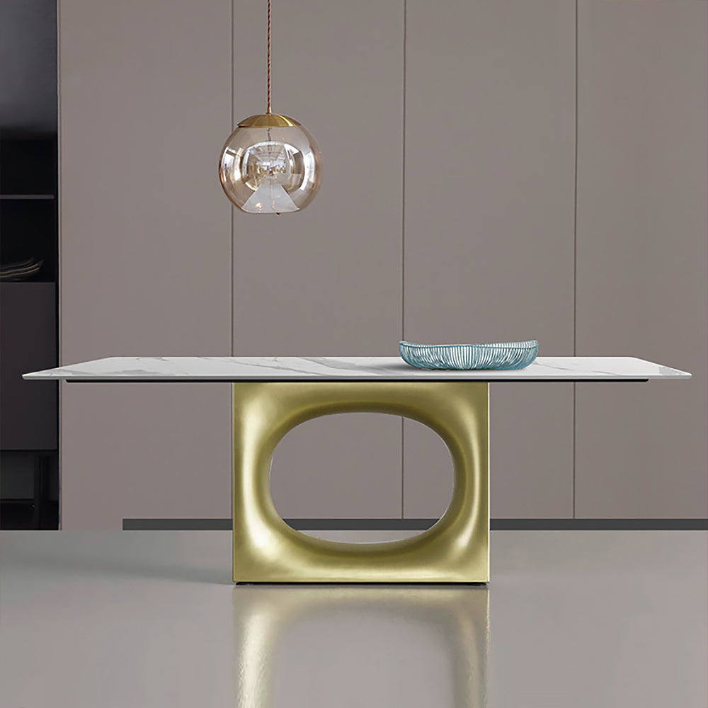 70.9" White and Gold Dining Table Rectangular Stone Tabletop