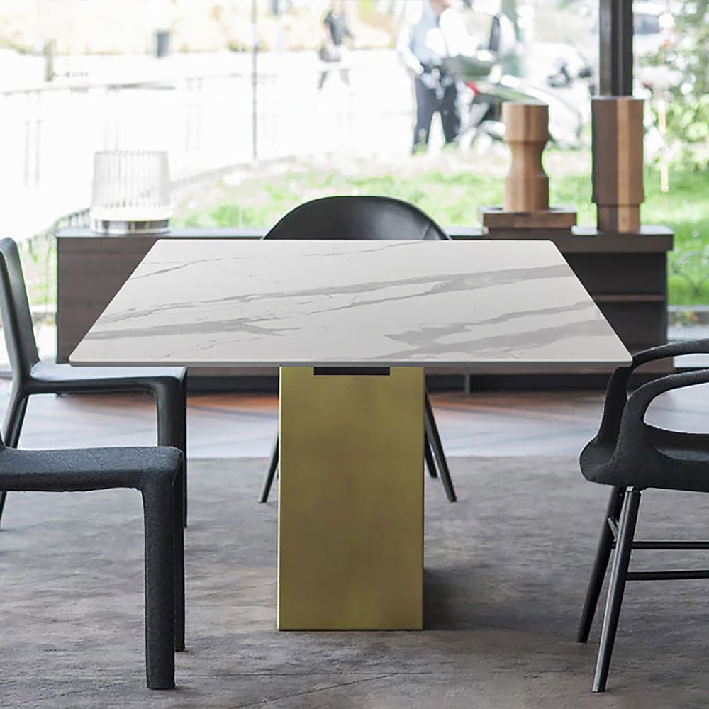 70.9" White and Gold Dining Table Rectangular Stone Tabletop