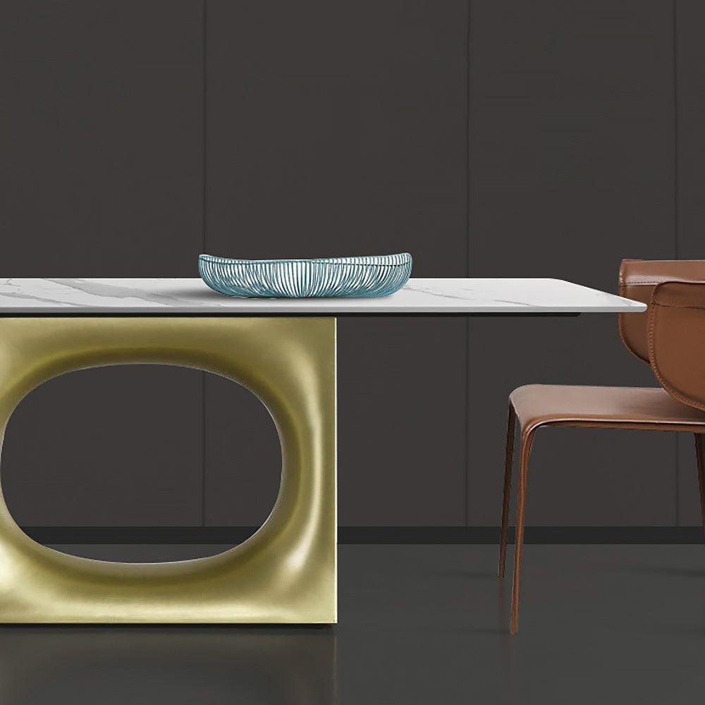 70.9" White and Gold Dining Table Rectangular Stone Tabletop