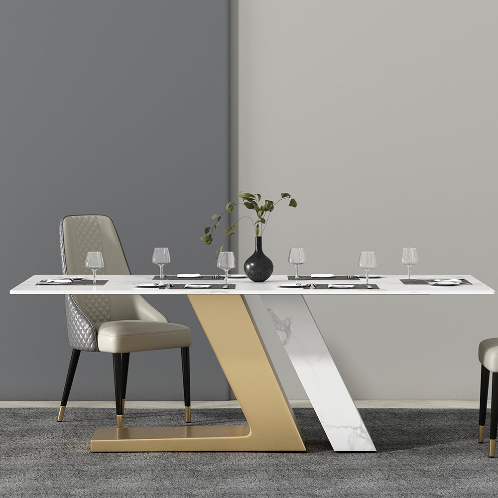 79" White Rectangle Modern Dining Table for 8 Stone Top & Stainless Steel Pedestal