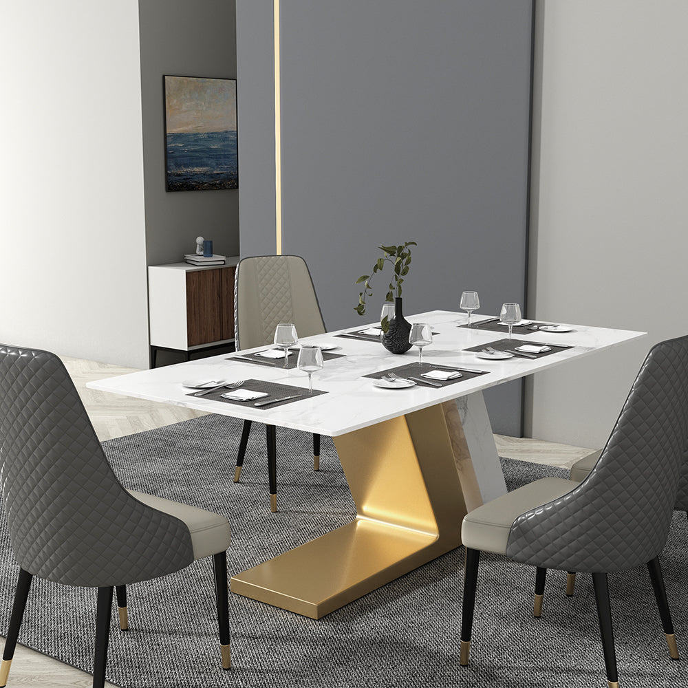 79" White Rectangle Modern Dining Table for 8 Stone Top & Stainless Steel Pedestal