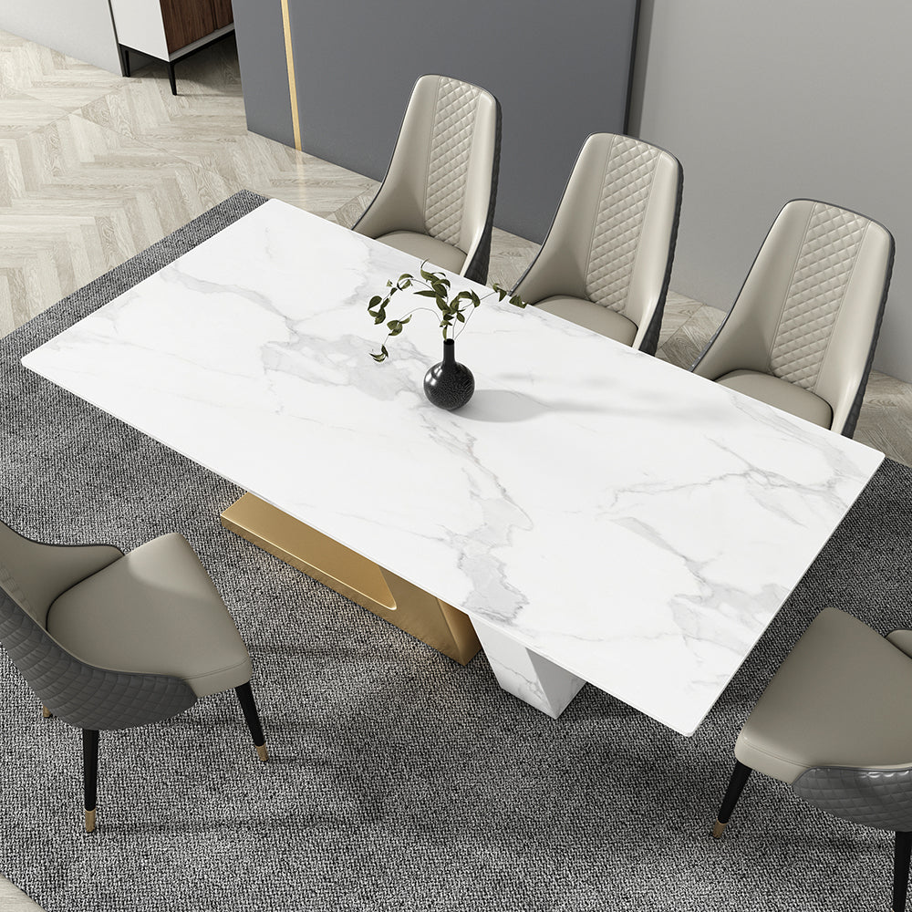 79" White Rectangle Modern Dining Table for 8 Stone Top & Stainless Steel Pedestal