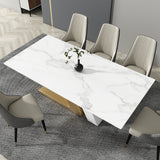 79" White Rectangle Modern Dining Table for 8 Stone Top & Stainless Steel Pedestal