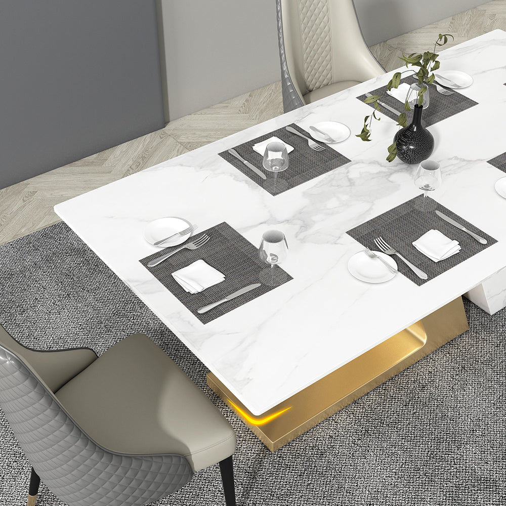 79" White Rectangle Modern Dining Table for 8 Stone Top & Stainless Steel Pedestal