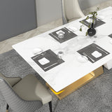 79" White Rectangle Modern Dining Table for 8 Stone Top & Stainless Steel Pedestal