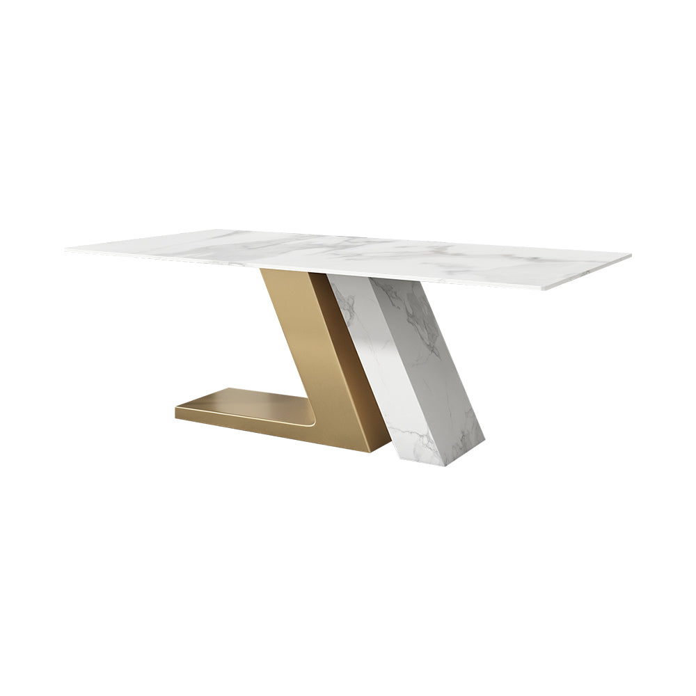 79" White Rectangle Modern Dining Table for 8 Stone Top & Stainless Steel Pedestal