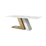 79" White Rectangle Modern Dining Table for 8 Stone Top & Stainless Steel Pedestal