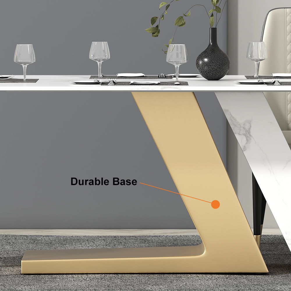79" White Rectangle Modern Dining Table for 8 Stone Top & Stainless Steel Pedestal