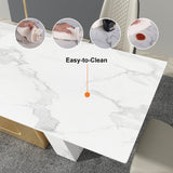 79" White Rectangle Modern Dining Table for 8 Stone Top & Stainless Steel Pedestal