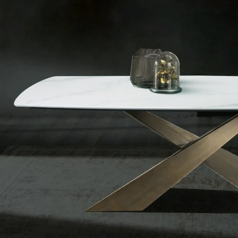 63" White Stone Top Rectangle Modern Dining Table Antique Brass X-Base