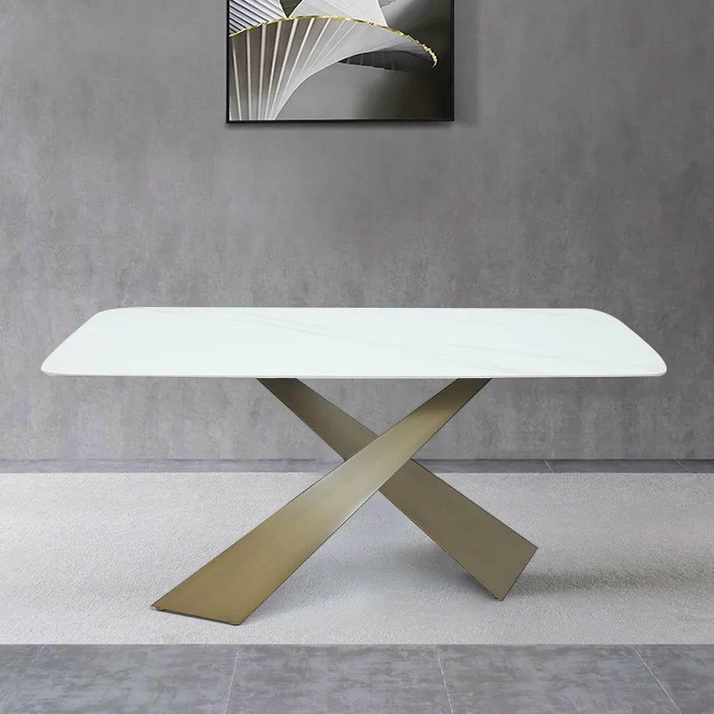 63" White Stone Top Rectangle Modern Dining Table Antique Brass X-Base