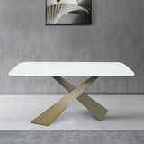 63" White Stone Top Rectangle Modern Dining Table Antique Brass X-Base