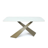 63" White Stone Top Rectangle Modern Dining Table Antique Brass X-Base