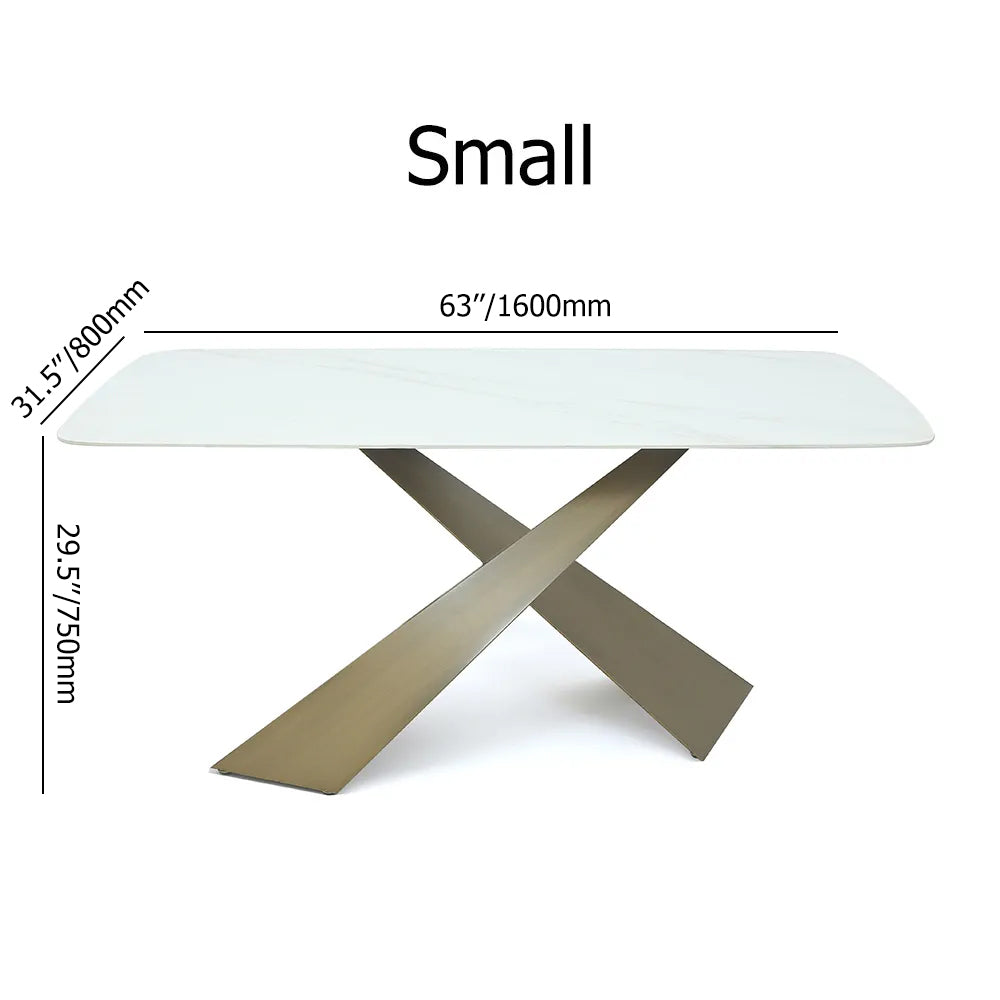 63" White Stone Top Rectangle Modern Dining Table Antique Brass X-Base