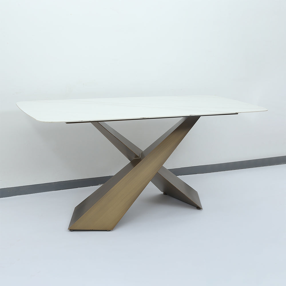 63" White Stone Top Rectangle Modern Dining Table Antique Brass X-Base