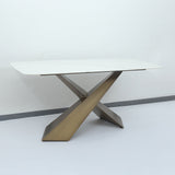 63" White Stone Top Rectangle Modern Dining Table Antique Brass X-Base