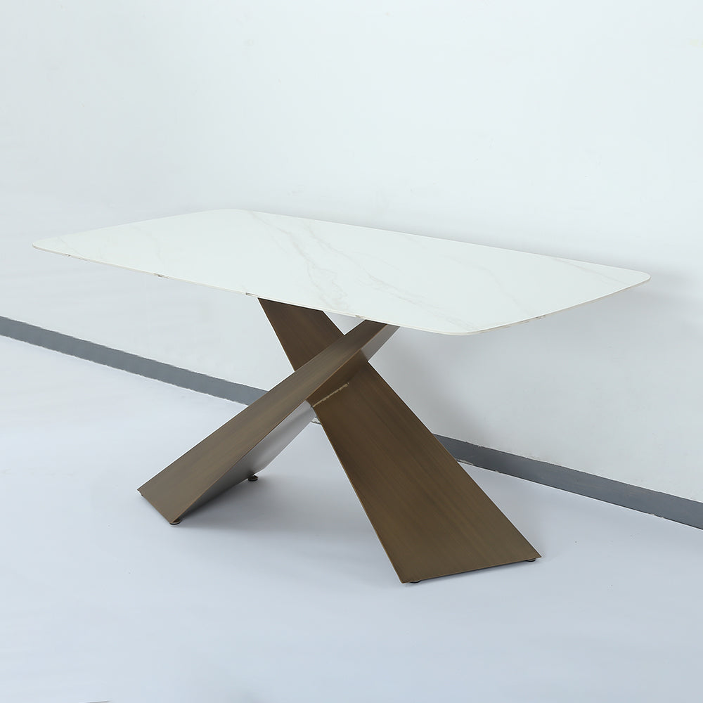 63" White Stone Top Rectangle Modern Dining Table Antique Brass X-Base