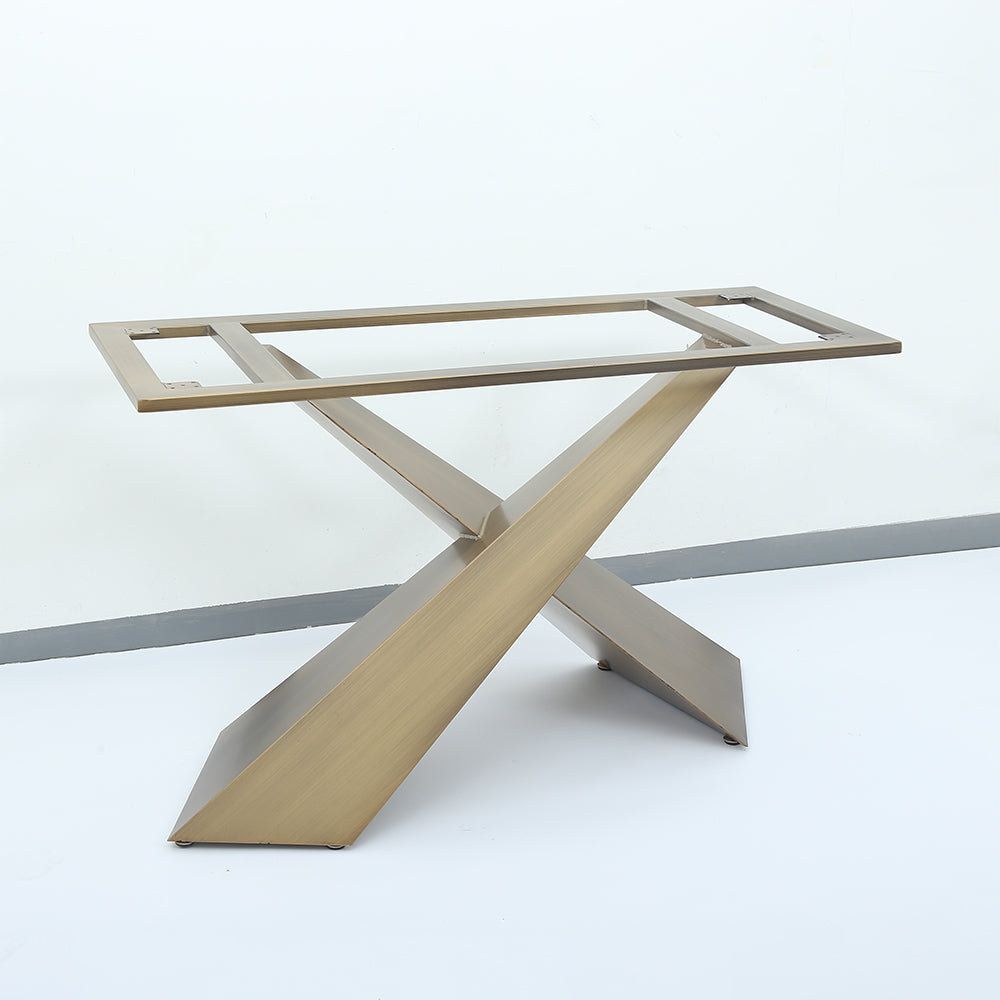 63" White Stone Top Rectangle Modern Dining Table Antique Brass X-Base