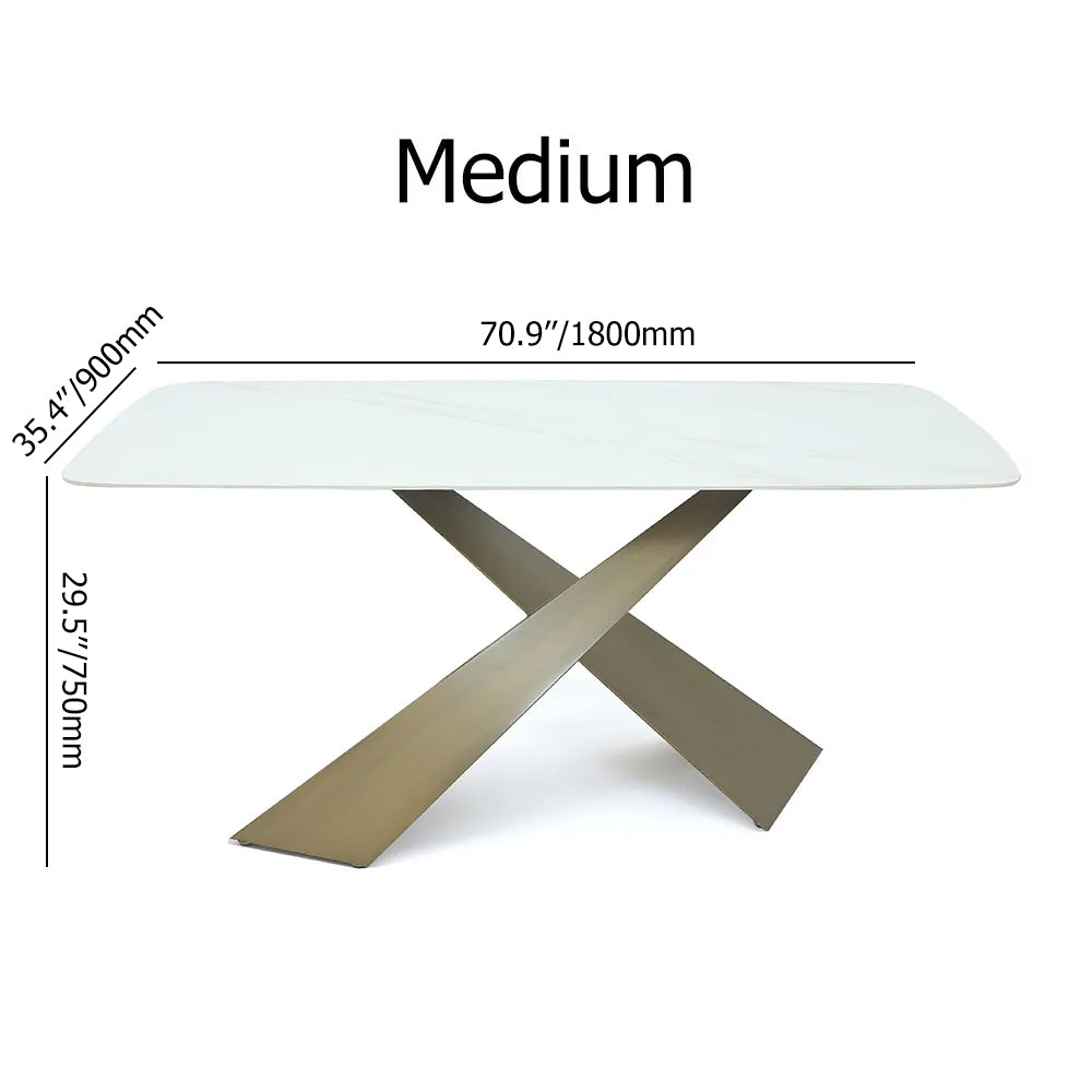 63" White Stone Top Rectangle Modern Dining Table Antique Brass X-Base