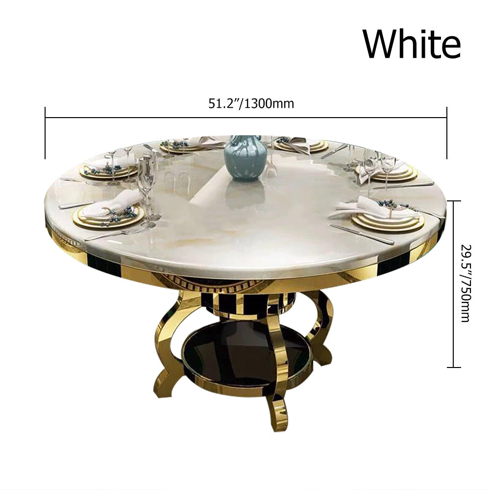 51.2" Modern Round Dining Table Marble Top & Stainless Steel Pedestal in White