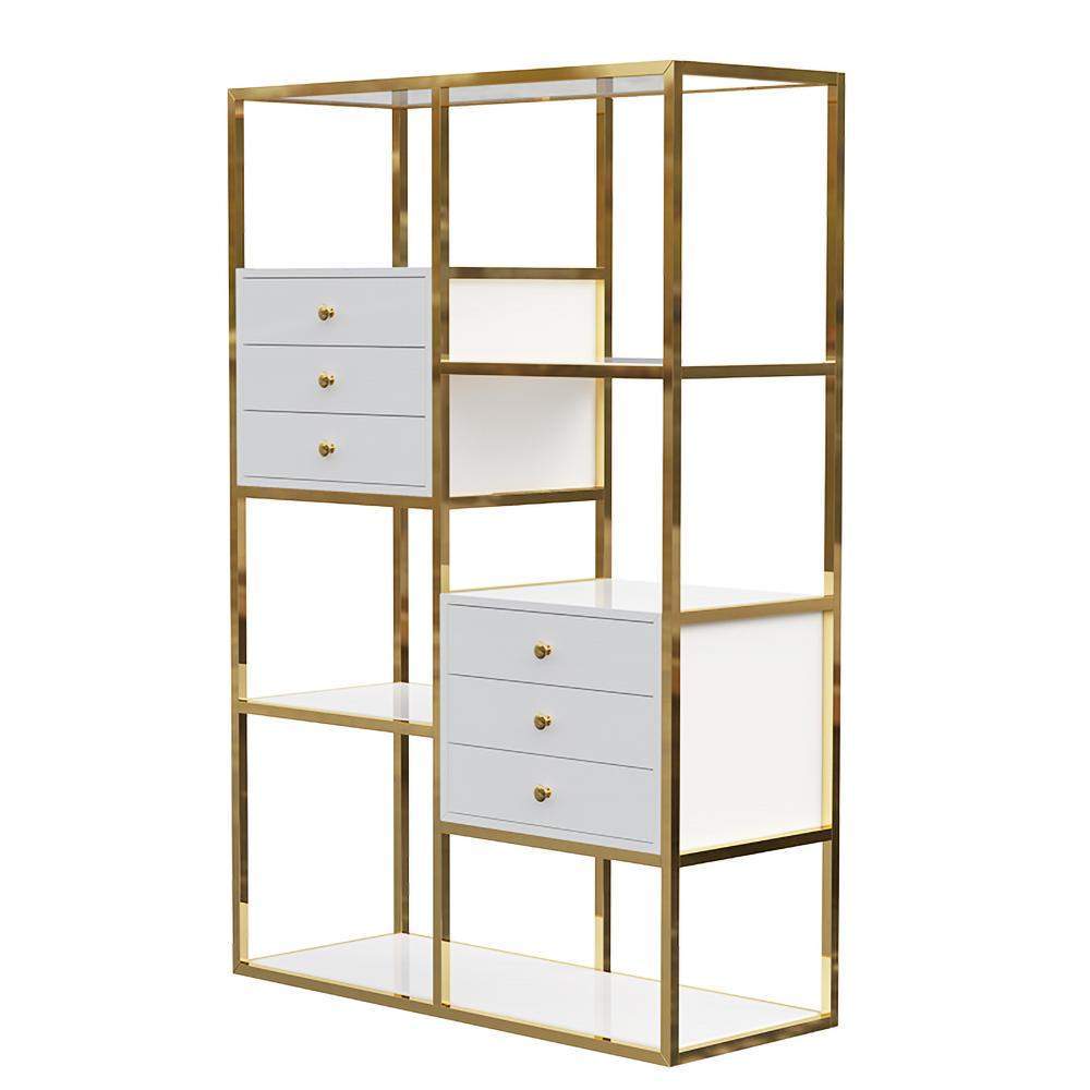 White and Gold Geometric Bookcase 6 Shelves & 6 Drawers Bookshelf-Bookcases & Bookshelves,Furniture,Office Furniture
