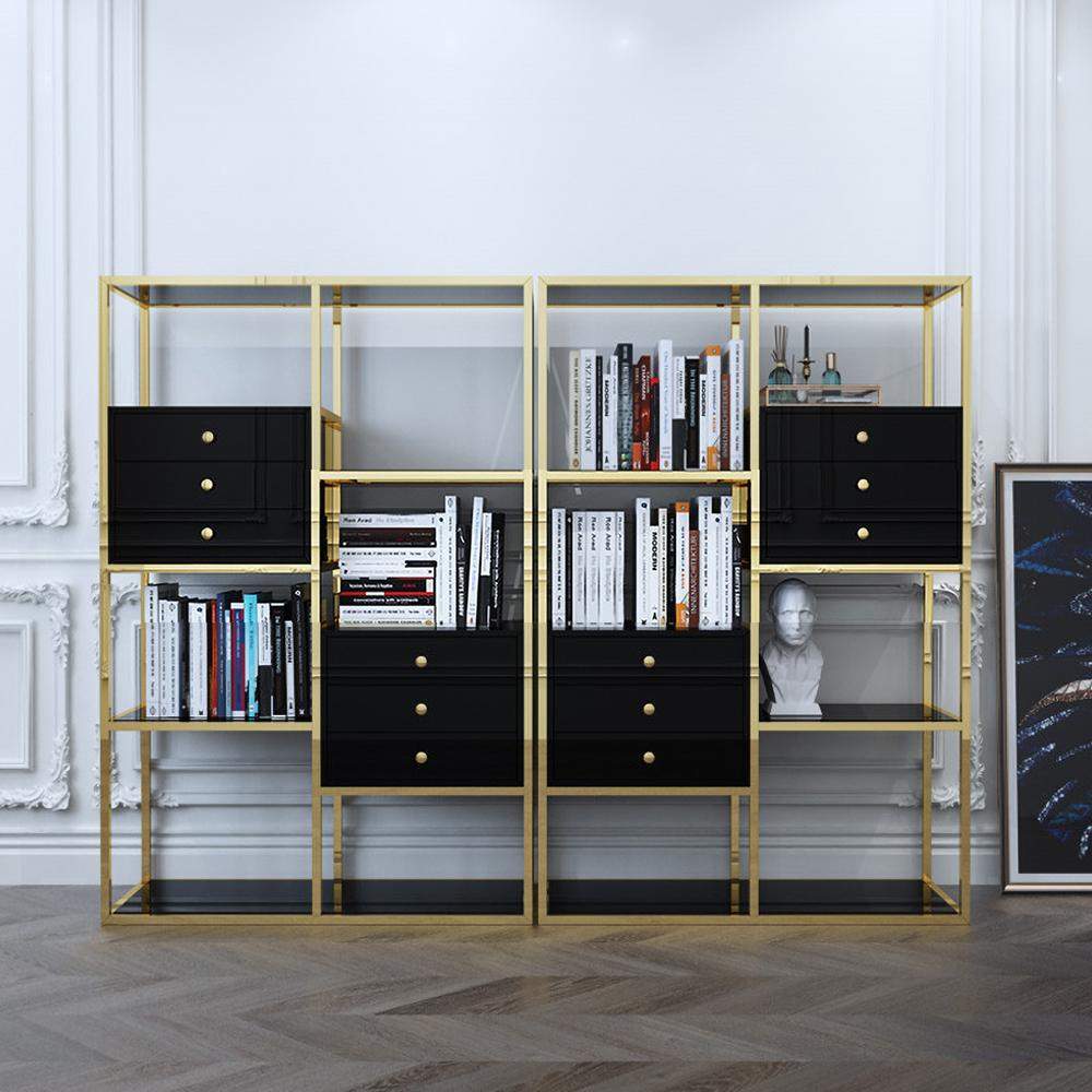 White and Gold Geometric Bookcase 6 Shelves & 6 Drawers Bookshelf-Bookcases & Bookshelves,Furniture,Office Furniture