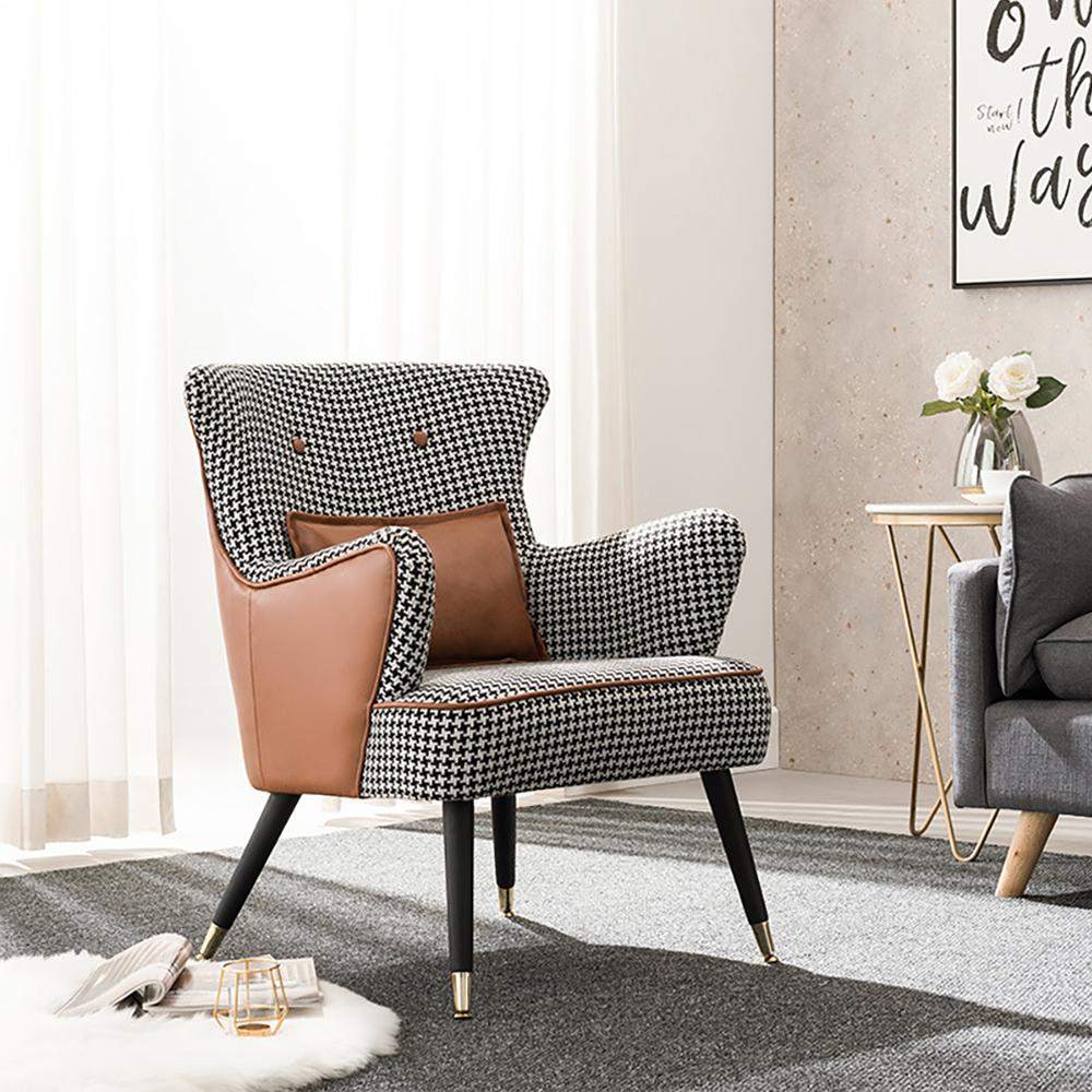 Green Cotton Linen Houndstooth Side Chair with Gold Legs-Richsoul-Chairs & Recliners,Furniture,Living Room Furniture