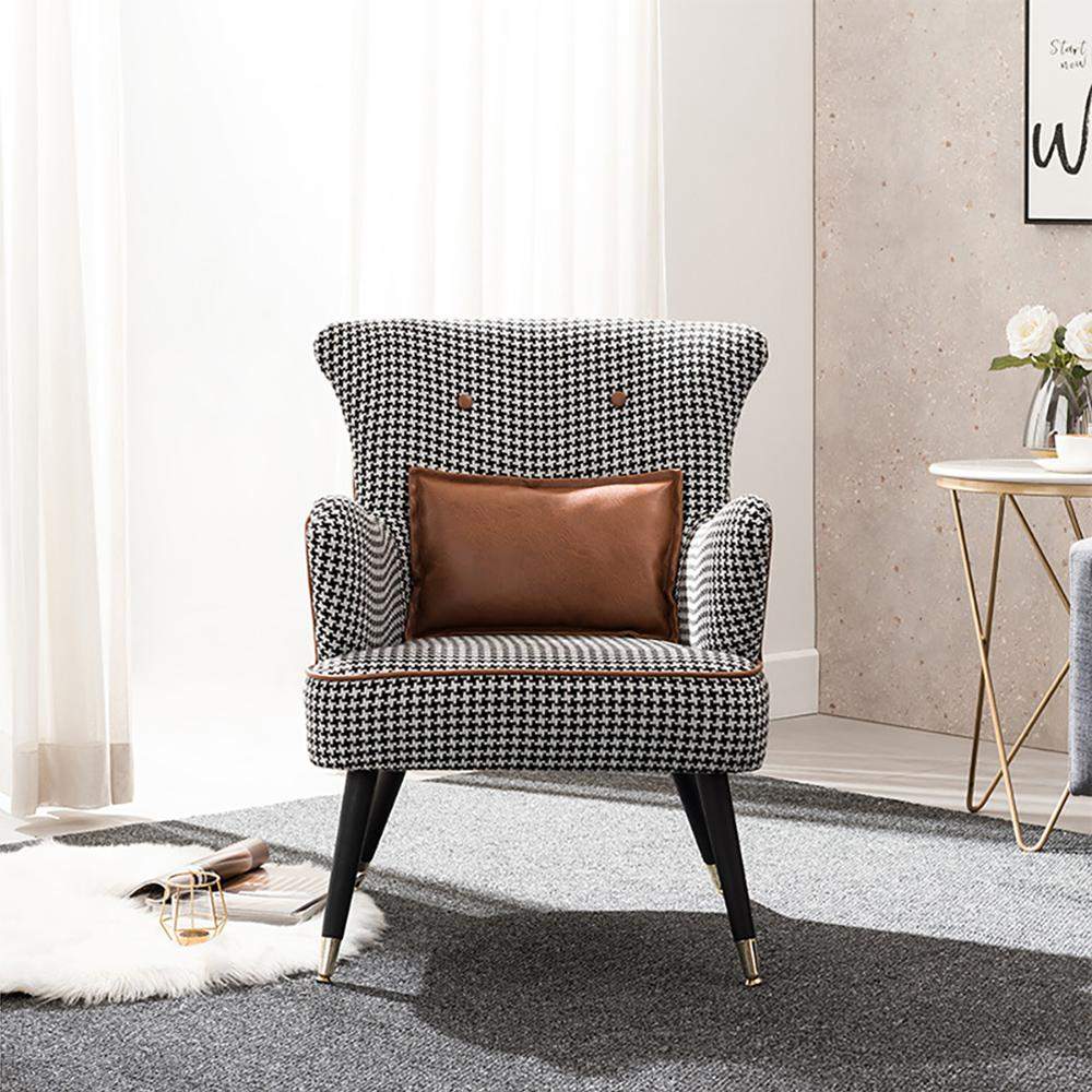 Green Cotton Linen Houndstooth Side Chair with Gold Legs-Richsoul-Chairs & Recliners,Furniture,Living Room Furniture