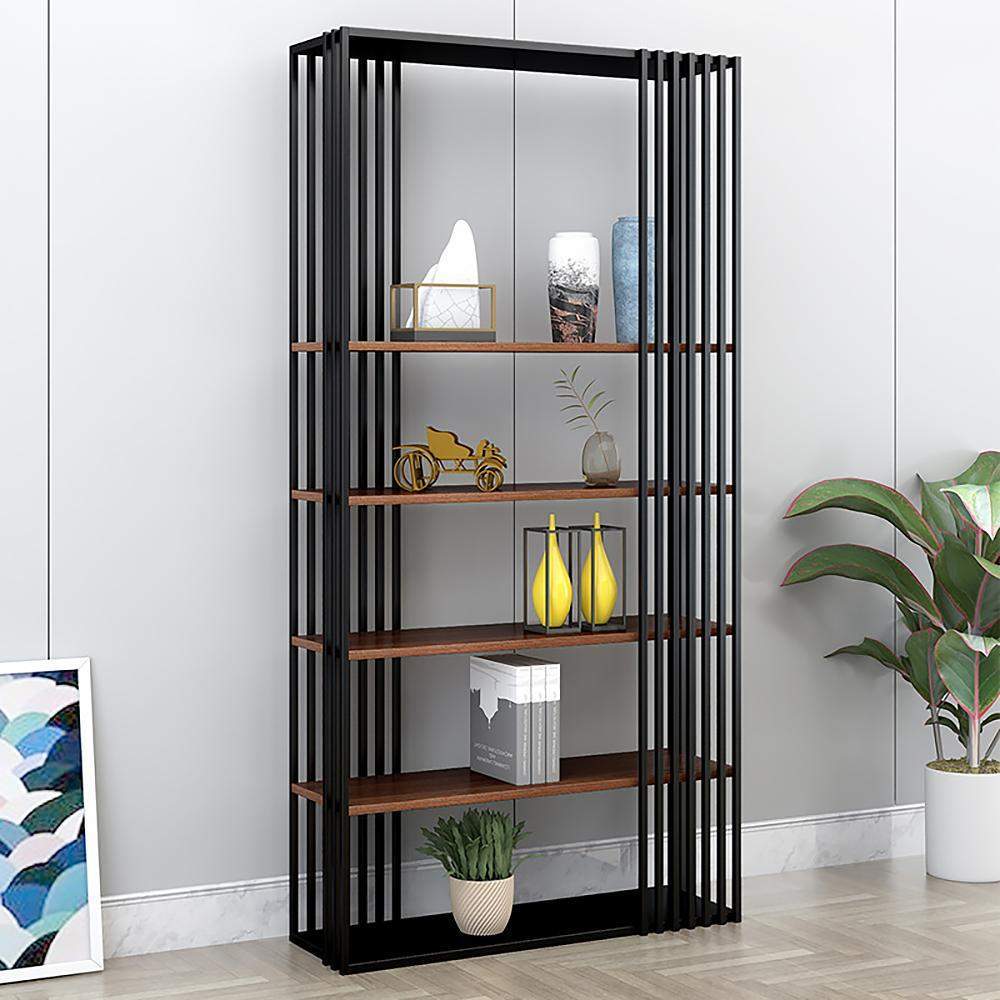 Modern Metal  Etagere Bookshelf Freestanding with 5 Shelving Black & Walnut-Bookcases & Bookshelves,Furniture,Office Furniture