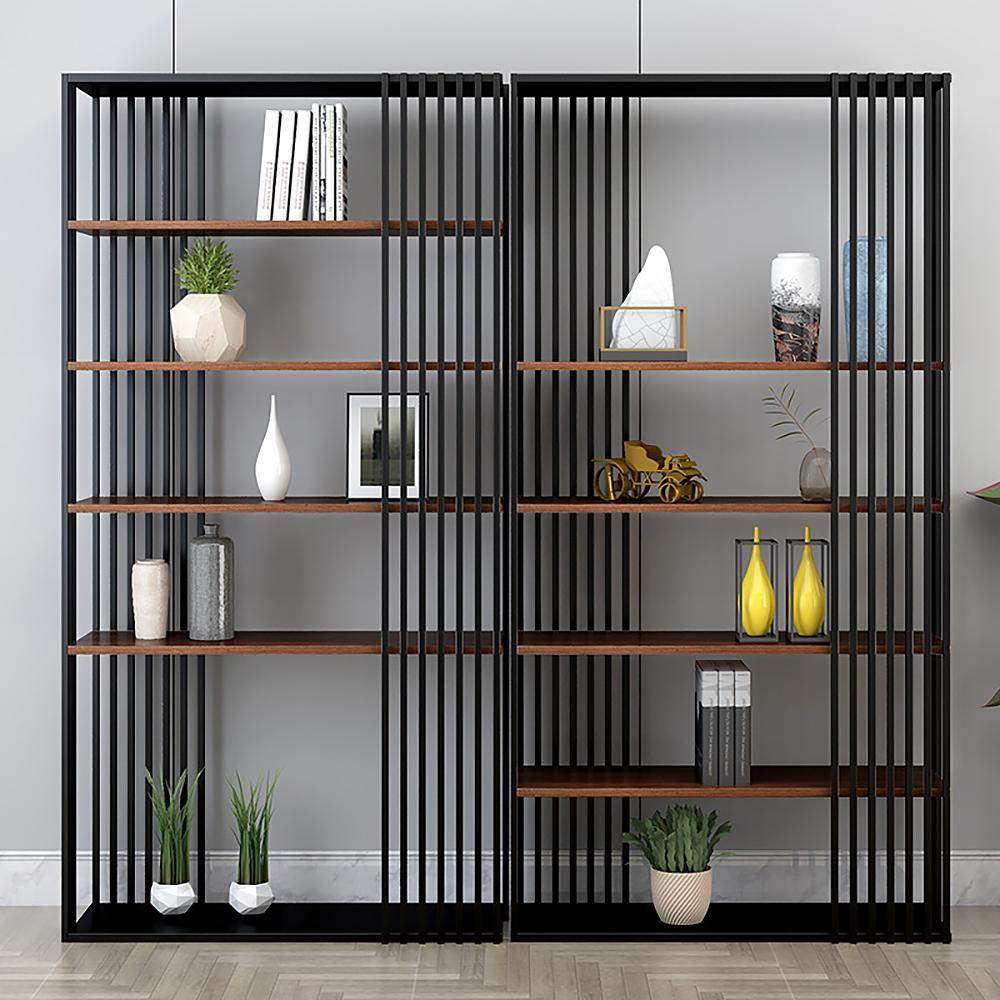 Modern Metal  Etagere Bookshelf Freestanding with 5 Shelving Black & Walnut-Bookcases & Bookshelves,Furniture,Office Furniture